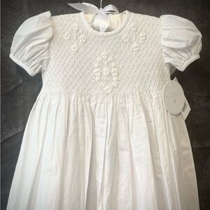 NWT White Smocked Baby Christening/Blessing Dress with Puff Sleeves and Bonnet